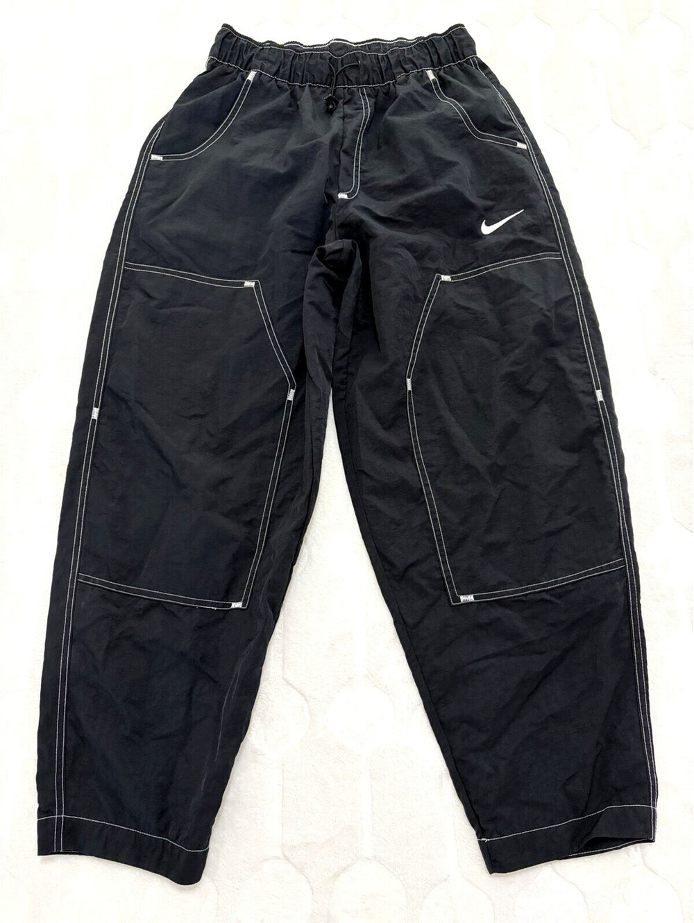 Nike Track Pants Womens Large Black Faux Double Knee Woven Swoosh Baggy